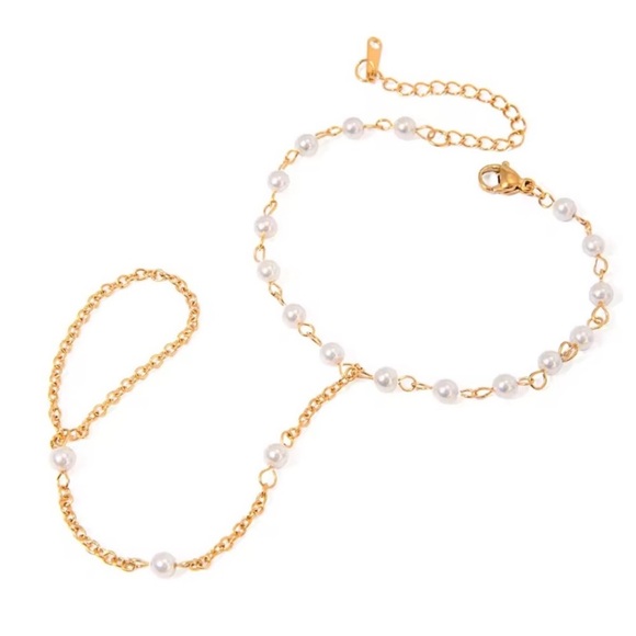 Anthropologie 18K Gold Stainless Steel Waterproof Pearl Finger Bracelet - Picture 1 of 7